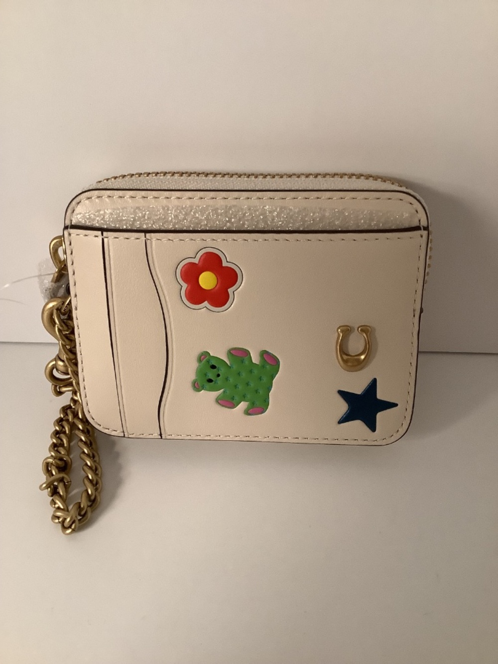 NWT Coach Essential Zip Card Case Wallet Sticker Print Brass & Chalk Leather - Picture 4 of 8